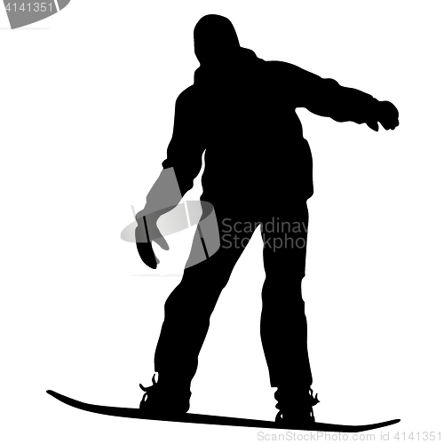 Image of Black silhouettes snowboarders on white background.