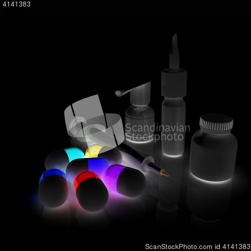 Image of Syringe, tablet, pill jar. 3D illustration