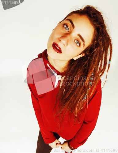 Image of real caucasian woman with dreadlocks hairstyle funny cheerful fa