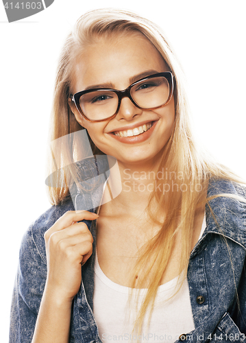 Image of young pretty girl teenager in glasses on white isolated blond ha