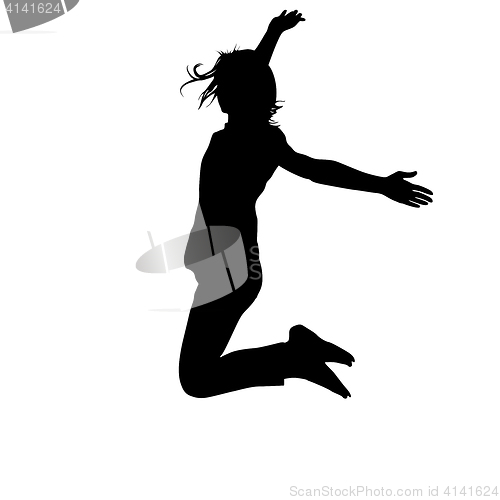 Image of Silhouette young girl jumping with hands up, motion. illustration