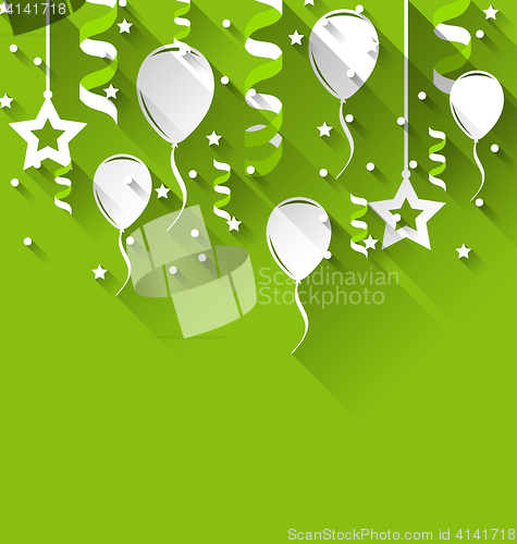 Image of Birthday background with balloons, stars and confetti, trendy fl