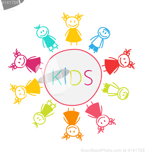 Image of Hand-drawn Cute Funny Kids, Colorful Girls and Boys