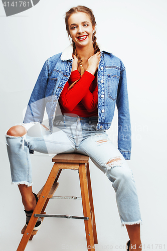 Image of young pretty stylish blond hipster girl posing emotional isolated on white background happy smiling cool smile, lifestyle people concept
