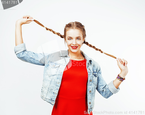 Image of young pretty stylish hipster blond girl with pigtails posing emotional isolated on white background happy smiling cool smile, lifestyle people concept