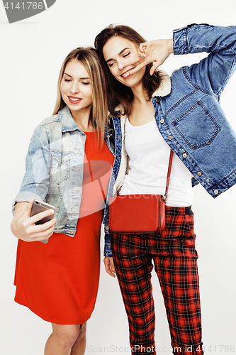 Image of best friends teenage girls together having fun, posing emotional on white background, besties happy smiling, lifestyle people concept