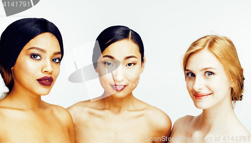 Image of three different nation woman: asian, african-american, caucasian together isolated on white background happy smiling, diverse type on skin, lifestyle people concept