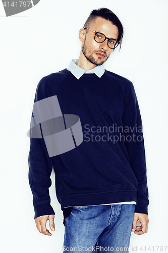 Image of handsome middle age hipster man with modern hairstyle and tattoo, beard, close up on white background