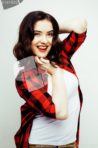 Image of young pretty stylish hipster girl posing emotional isolated on white background happy smiling cool smile, lifestyle people concept