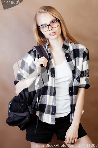 Image of young happy smiling hipster blond girl with backpack ready to school, teenage lifestyle people concept