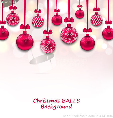 Image of Christmas Background with Pink Glassy Balls with Bow Ribbon