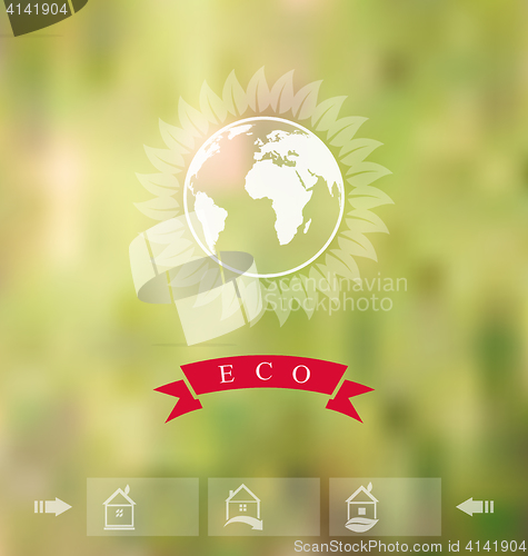 Image of Blurred background with eco badge, ecology label with icons of g