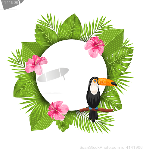 Image of Clean Card with Pink Roses Mallow, Toucan Bird