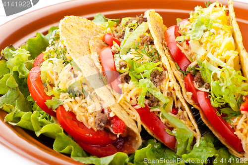 Image of beef tacos with salad and tomatoes salsa