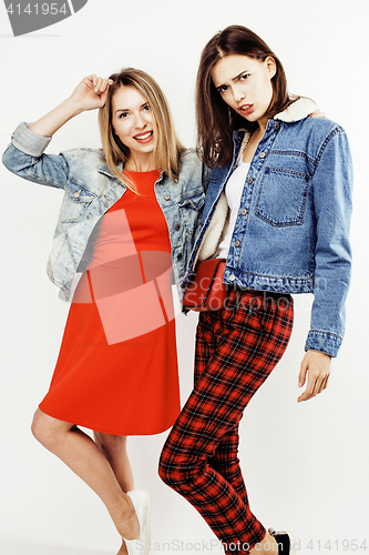 Image of best friends teenage girls together having fun, posing emotional on white background, besties happy smiling, lifestyle people concept