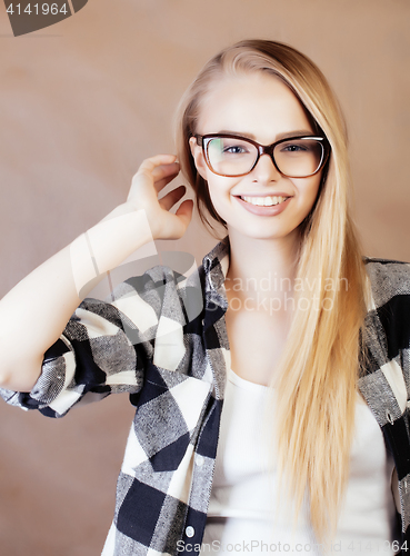 Image of young happy smiling hipster blond girl with backpack ready to school, teenage lifestyle people concept