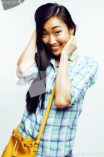 Image of young pretty asian woman posing cheerful emotional isolated on white background, lifestyle people concept