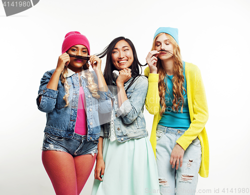 Image of diverse nation girls group, teenage friends company cheerful having fun, happy smiling, cute posing isolated on white background, lifestyle people concept