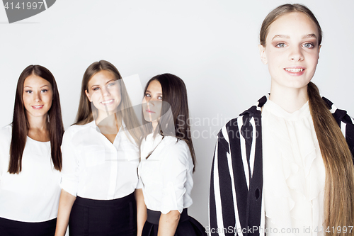 Image of lot of businesswomen happy smiling celebrating success of team victory on work, dress code black and white official, lifestyle people concept