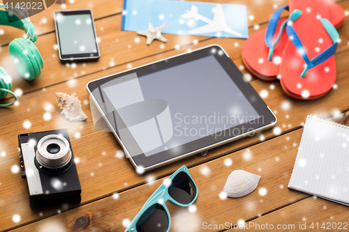 Image of close up of tablet pc and travel stuff