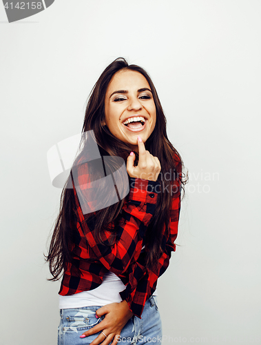 Image of young happy smiling latin american teenage girl emotional posing on white background, lifestyle people concept