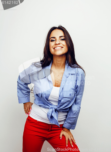 Image of young happy smiling latin american teenage girl emotional posing on white background, lifestyle people concept