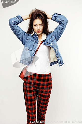 Image of young pretty stylish hipster girl posing emotional isolated on white background happy smiling cool smile, lifestyle people concept