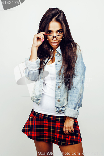 Image of young happy smiling latin american teenage girl emotional posing on white background, lifestyle people concept