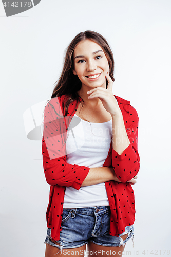 Image of young pretty stylish hipster girl posing emotional isolated on white background happy smiling cool smile, lifestyle people concept