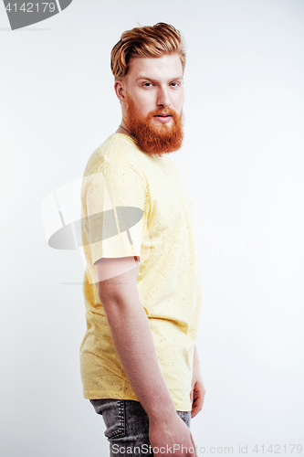 Image of young handsome hipster bearded guy looking brutal isolated on white background, lifestyle people concept