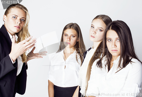 Image of lot of businesswomen happy smiling celebrating success of team victory on work, dress code black and white official, lifestyle people concept