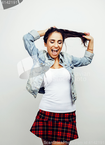 Image of young happy smiling latin american teenage girl emotional posing on white background, lifestyle people concept