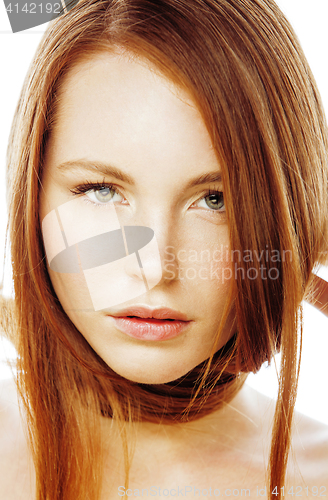 Image of spa picture attractive happy smiling lady young red hair isolated on white close up, lifestyle people concept