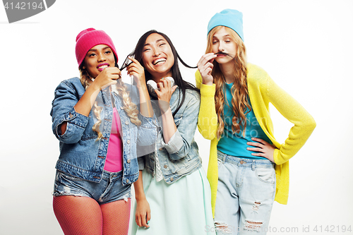 Image of diverse nation girls group, teenage friends company cheerful having fun, happy smiling, cute posing isolated on white background, lifestyle people concept