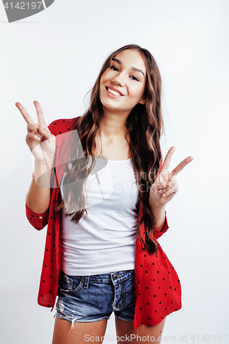 Image of young pretty stylish hipster girl posing emotional isolated on white background happy smiling cool smile, lifestyle people concept