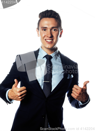 Image of young pretty business man standing on white background, modern hairstyle, posing emotional, lifestyle people concept