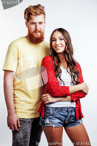 Image of young attractive couple together having fun happy smiling isolated on white background, emotional posing, lifestyle people concept