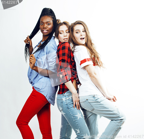 Image of diverse multi nation girls group, teenage friends company cheerful having fun, happy smiling, cute posing isolated on white background, lifestyle people concept, african-american and caucasian
