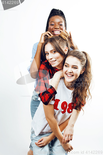 Image of diverse multi nation girls group, teenage friends company cheerful having fun, happy smiling, cute posing isolated on white background, lifestyle people concept, african-american and caucasian