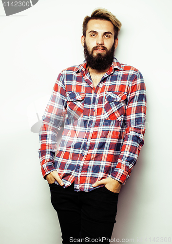 Image of portrait of young bearded hipster guy smiling on white background close up, brutal man, lifestyle people concept