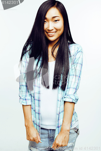 Image of young pretty asian woman posing cheerful emotional isolated on white background, lifestyle people concept