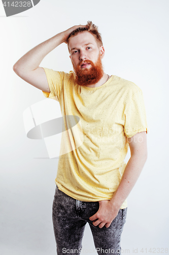 Image of young handsome hipster bearded guy looking brutal isolated on white background, lifestyle people concept