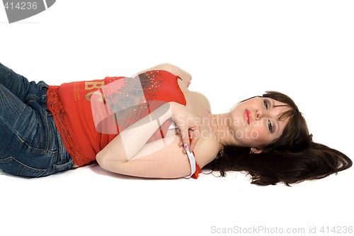 Image of The young woman lays on a back. Isolated.