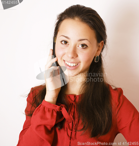 Image of young pretty brunette woman smiling happy on white background, l