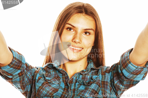 Image of cute teenage girls making selfie isolated