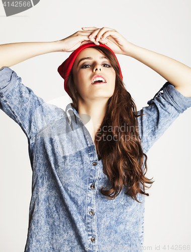Image of young cheerful brunette teenage girl on white background