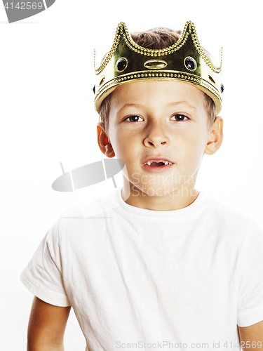 Image of little cute boy wearing crown isolated close up on white