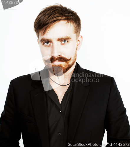 Image of young red hair man with beard and mustache in black suit on whit