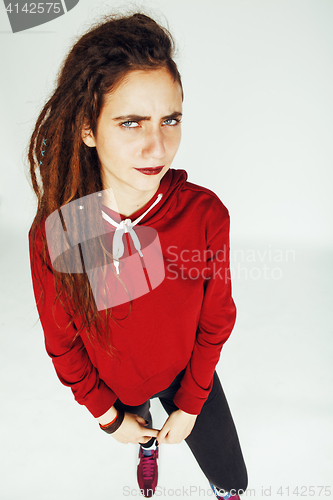 Image of real caucasian woman with dreadlocks hairstyle funny cheerful fa