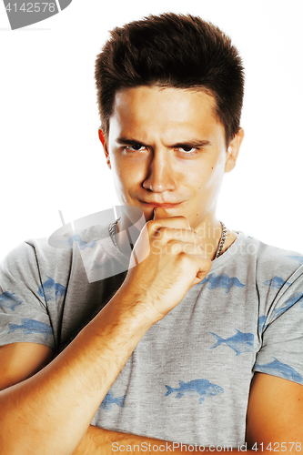 Image of young handsome brunete man emotional posing on white background 